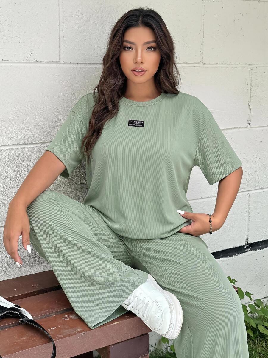 SHEIN EZwear 薄荷绿加大码宽松圆领短袖两件套,春夏款 - 薄荷綠 - 查看 1