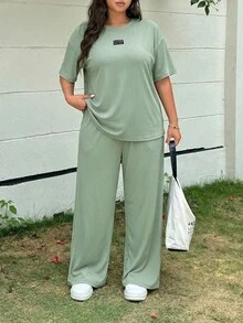 SHEIN EZwear 薄荷绿加大码宽松圆领短袖两件套，春夏款 - 薄荷綠 - 查看 4