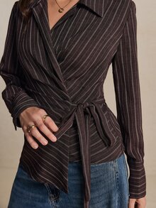 Poéselle Women's Elegant Brown Striped Wrap Blouse, Notched Lapel V Neck Long Sleeve Tie Waist Fitted Shirt For Fall Winter Office Workwear Casual Outfits - Brown - View 5