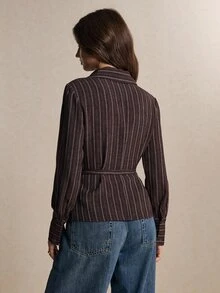 Poéselle Women's Elegant Brown Striped Wrap Blouse, Notched Lapel V Neck Long Sleeve Tie Waist Fitted Shirt For Fall Winter Office Workwear Casual Outfits - Brown - View 9
