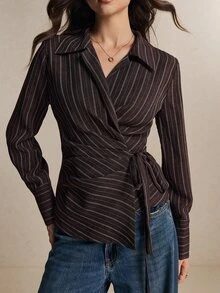 Poéselle Women's Elegant Brown Striped Wrap Blouse, Notched Lapel V Neck Long Sleeve Tie Waist Fitted Shirt For Fall Winter Office Workwear Casual Outfits - Brown - View 3