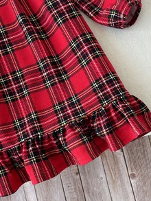 SHEIN 女童秋冬刺繡蕾絲領紅色格紋拼接娃娃洋裝 寬鬆長袖復古學院風休閒紅衣聖誕裝 女孩聖誕洋裝新年禮物聖誕派對 - 紅色 - 查看 3