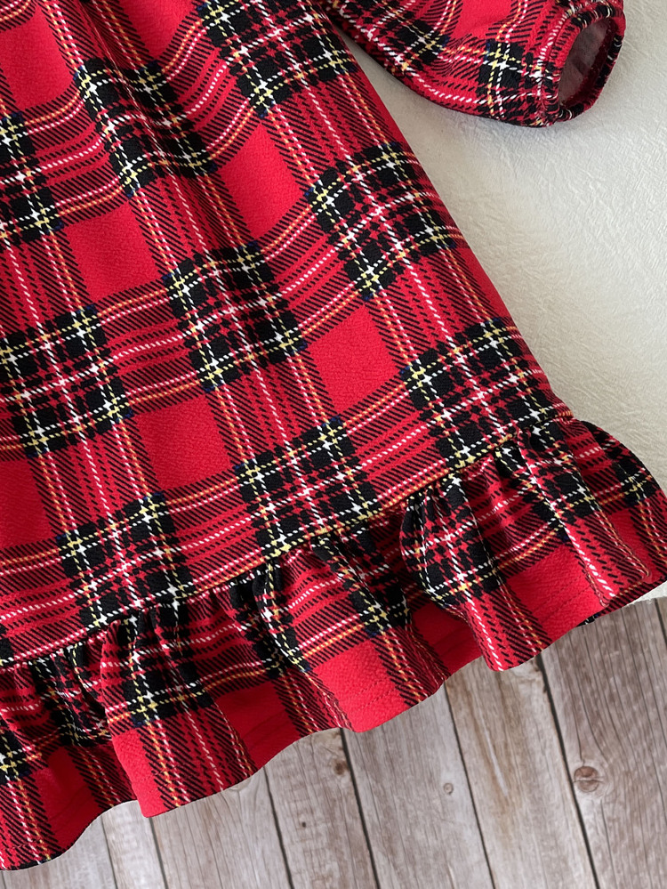 SHEIN Young Girl Autumn/Winter Embroidered Lace Collar Red Plaid Patchwork Doll Dress Loose Long Sleeve Dress Vintage College Casual Red Christmas Outfit Girls' Christmas Dress New Year Gift Christmas Party - Red - View 3