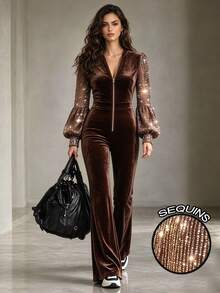 GlowEve Women's Shiny Casual Daily Wear Jumpsuit - Brown - View 1