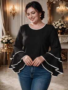 Rometta Kemeja Ukuran Besar Elegan dengan Lis Kontras dan Lengan Berkerut, Atasan Lengan Lonceng, Pakaian Musim Gugur untuk Wanita - Hitam - View 1