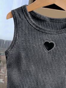 SHEIN Áo tank top sát nách bé gái phong cách tiên nữ mùa hè, thêu hình tim rỗng, thời trang thường ngày, thoải mái, dễ phối đồ, màu trơn đen - Xám - Xem 8