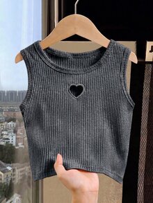 SHEIN Áo tank top sát nách bé gái phong cách tiên nữ mùa hè, thêu hình tim rỗng, thời trang thường ngày, thoải mái, dễ phối đồ, màu trơn đen - Xám - Xem 4