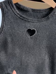 SHEIN Áo tank top sát nách bé gái phong cách tiên nữ mùa hè, thêu hình tim rỗng, thời trang thường ngày, thoải mái, dễ phối đồ, màu trơn đen - Xám - Xem 7