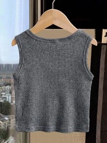 SHEIN Áo tank top sát nách bé gái phong cách tiên nữ mùa hè, thêu hình tim rỗng, thời trang thường ngày, thoải mái, dễ phối đồ, màu trơn đen - Xám - Xem 3