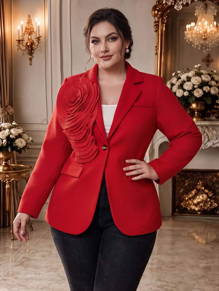 DreamSkyne Exquisite Elegant Formal 1pc Plus Size Lapel Collar Flower Decor Solid Thick Coat For New Year Clothes For Winter Fall For Women Autumn Evening Red - Red - View 1