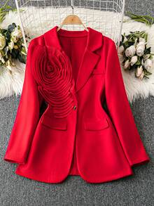 DreamSkyne Exquisite Elegant Formal 1pc Plus Size Lapel Collar Flower Decor Solid Thick Coat For New Year Clothes For Winter Fall For Women Autumn Evening Red - Red - View 2