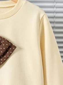 SHEIN 女童圓領抓絨上衣－寬鬆仙女公主蝴蝶結裝飾長袖衛衣，加厚保暖發熱套頭衫，7歲生日白色秋季款 - 米色 - 查看 6