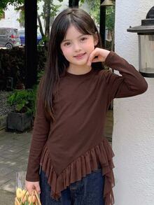 Dazy Kids Tween Girl Solid Color Crew Neck Long Sleeve Casual Versatile T-Shirt - Brown - View 6
