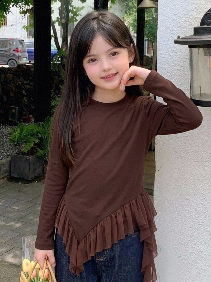 Dazy Kids Tween Girl Solid Color Crew Neck Long Sleeve Casual Versatile T-Shirt - Brown - View 1