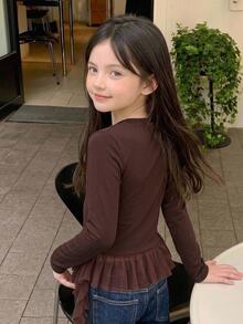 Dazy Kids Tween Girl Solid Color Crew Neck Long Sleeve Casual Versatile T-Shirt - Brown - View 4
