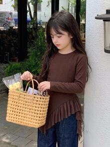Dazy Kids Tween Girl Solid Color Crew Neck Long Sleeve Casual Versatile T-Shirt - Brown - View 2
