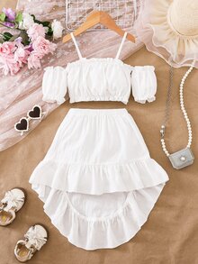 SHEIN Young Girl Solid Color Cold Shoulder Blouse And Mini Skirt Casual 2 Pieces Set 7th Birthday White Summer - White - View 4