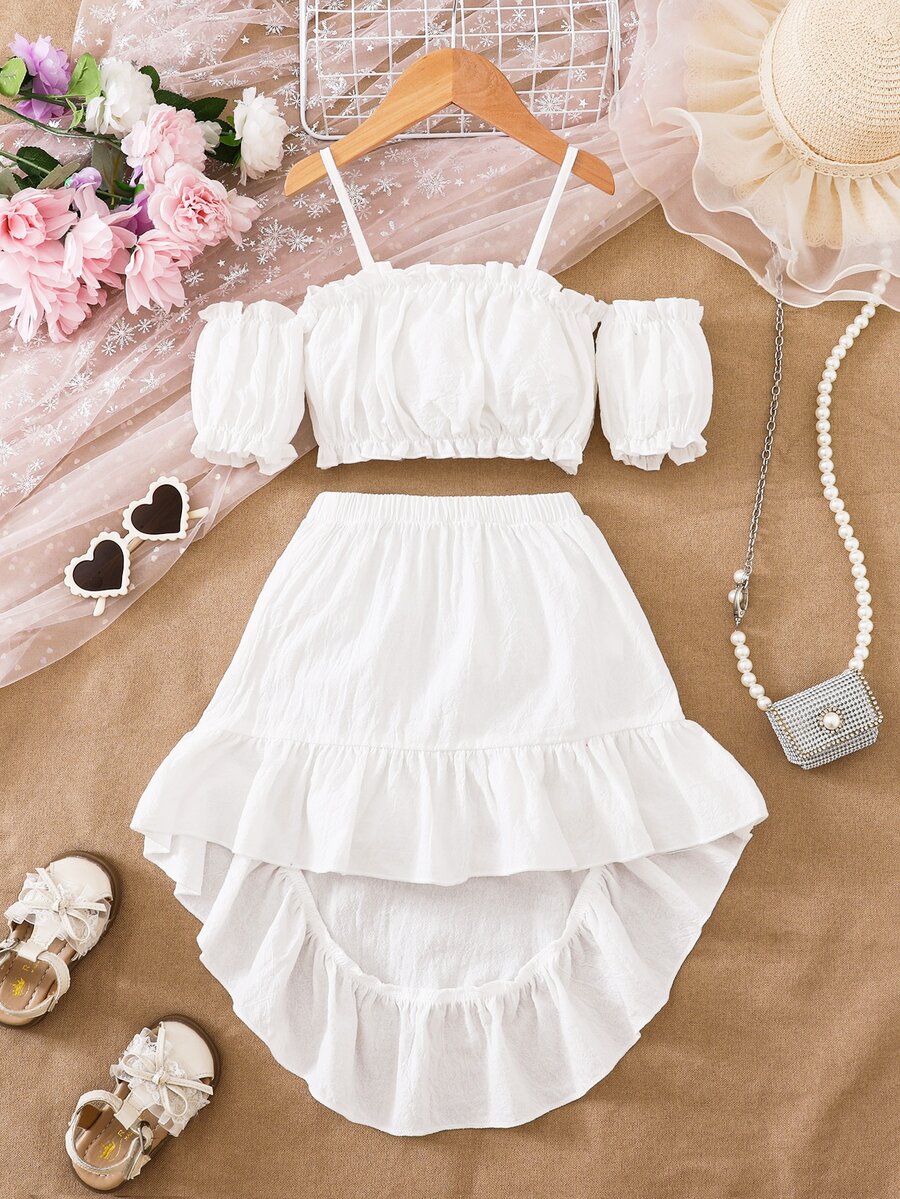 SHEIN 女童純色露肩上衣與迷你裙休閒兩件套 7歲生日 白色夏季