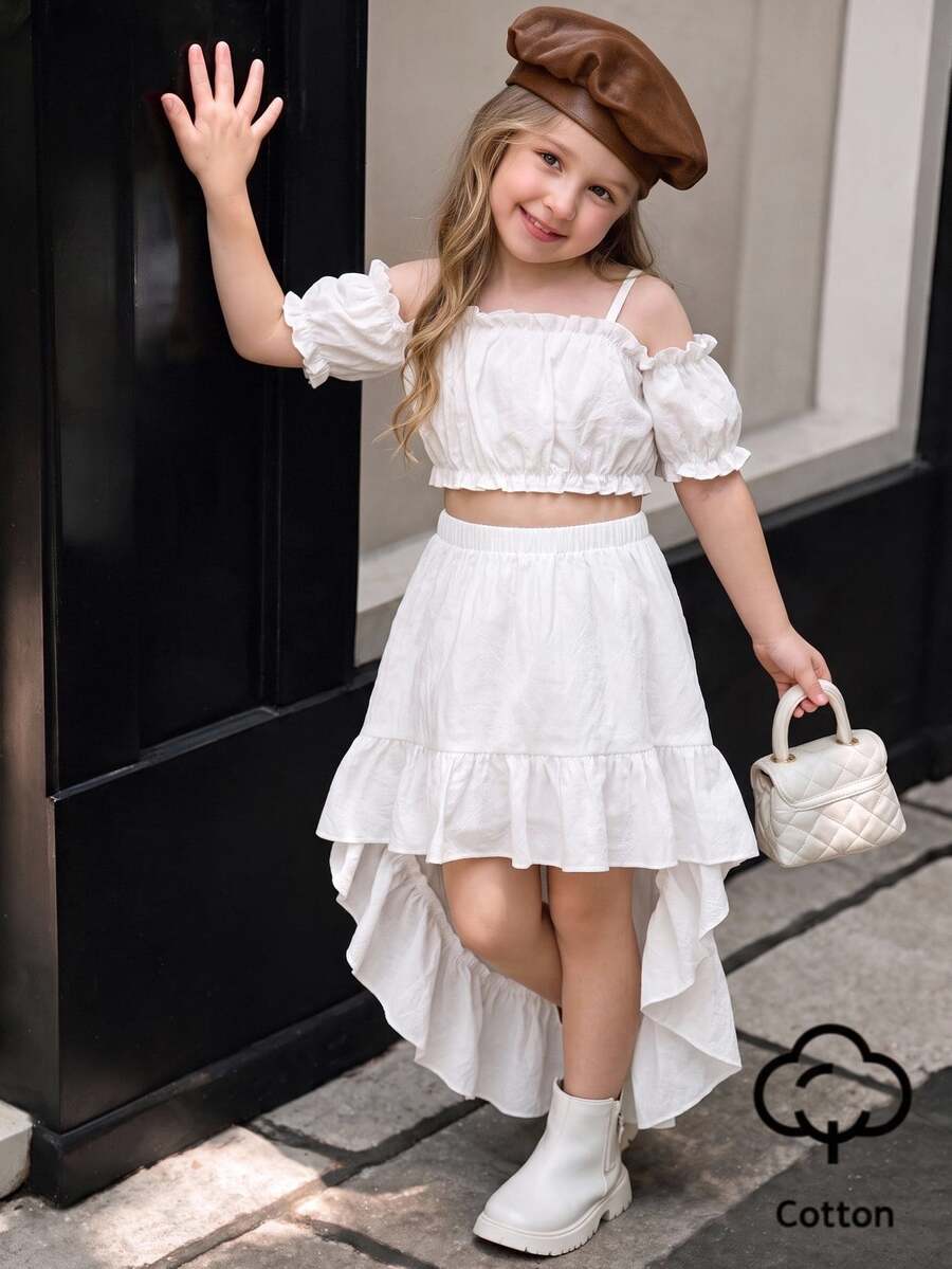 SHEIN Young Girl Solid Color Cold Shoulder Blouse And Mini Skirt Casual 2 Pieces Set 7th Birthday White Summer