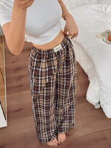 Napfluff 100% Pure Cotton Women's Casual Plaid Print Elastic Waist Patch Detail Lounge Pants - Multicolor - View 7