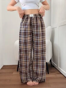 Napfluff 100% Pure Cotton Women's Casual Plaid Print Elastic Waist Patch Detail Lounge Pants - Multicolor - View 8