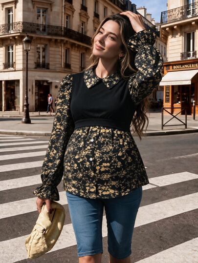 SHEIN Top casual de maternidade para amamentação com blocos de cor e franzido, para o dia a dia