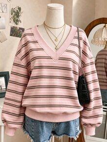 Collagica Collagica Plus Size Women V-Neck Striped Colorblock Casual Everyday Sweatshirt - Multicolor - View 1
