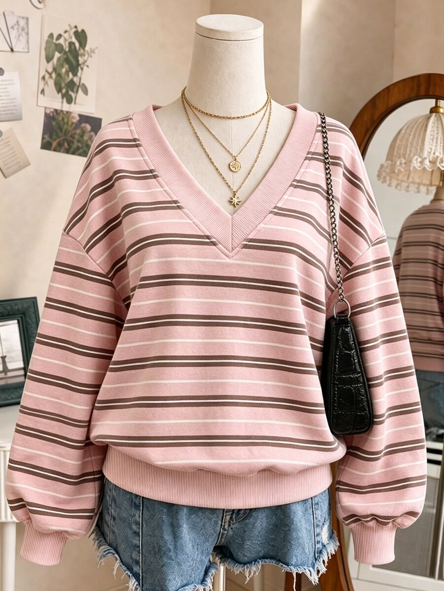 Collagica Collagica Plus Size Women V-Neck Striped Colorblock Casual Everyday Sweatshirt - Multicolor - View 1