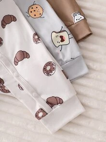 SHEIN Newborn Korean Style Light Grey Brown And Pink Light Juice Milk Bread Pattern Long Sleeve Pants Romper Outfit Set Fall Family Coming - Multicolor - View 6