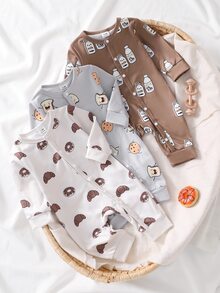 SHEIN Newborn Korean Style Light Grey Brown And Pink Light Juice Milk Bread Pattern Long Sleeve Pants Romper Outfit Set Fall Family Coming - Multicolor - View 7