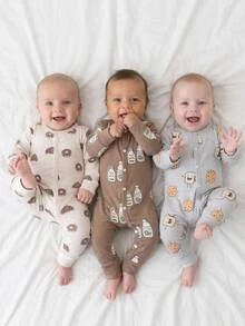 SHEIN Newborn Korean Style Light Grey Brown And Pink Light Juice Milk Bread Pattern Long Sleeve Pants Romper Outfit Set Fall Family Coming - Multicolor - View 9