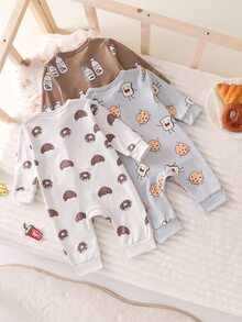 SHEIN Newborn Korean Style Light Grey Brown And Pink Light Juice Milk Bread Pattern Long Sleeve Pants Romper Outfit Set Fall Family Coming - Multicolor - View 3