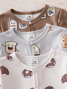 SHEIN Newborn Korean Style Light Grey Brown And Pink Light Juice Milk Bread Pattern Long Sleeve Pants Romper Outfit Set Fall Family Coming - Multicolor - View 4
