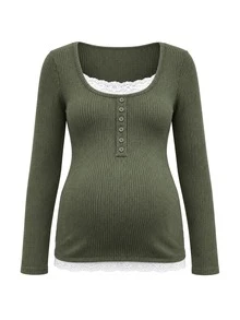 SHEIN تي شيرت طويل الأكمام للحوامل بتصميم مضلع ولون أخضر زيتوني عتيق مع ياقة مربعة ودانتيل متباين - أخضر عسكري - مشاهدة 10