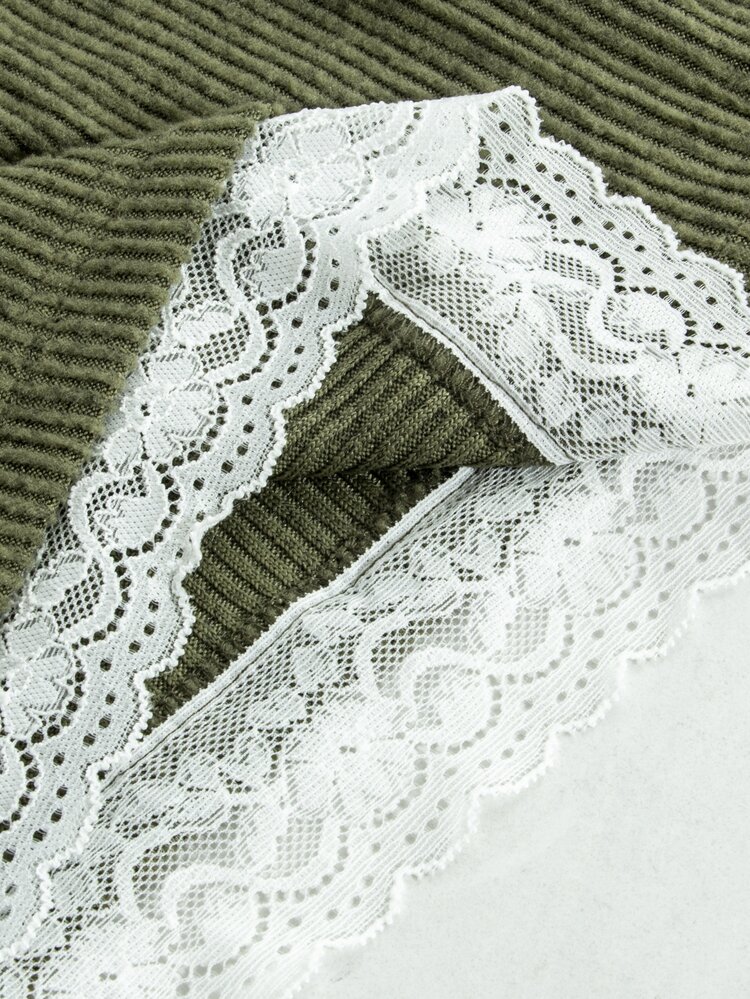 SHEIN 孕婦對比蕾絲方領復古橄欖綠羅紋長袖T恤 - 軍綠色 - 查看 12