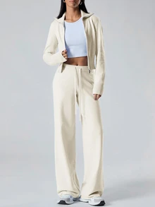 LYSMO Women's Off White Zip-Up Cardigan And Knit Pants Casual 2 Pieces Sweater Set In Fall/Winter Everyday Travel - Apricot - View 3