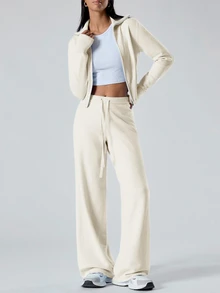 LYSMO Women's Off White Zip-Up Cardigan And Knit Pants Casual 2 Pieces Sweater Set In Fall/Winter Everyday Travel - Apricot - View 5