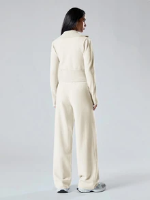 LYSMO Women's Off White Zip-Up Cardigan And Knit Pants Casual 2 Pieces Sweater Set In Fall/Winter Everyday Travel - Apricot - View 2