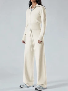 LYSMO Women's Off White Zip-Up Cardigan And Knit Pants Casual 2 Pieces Sweater Set In Fall/Winter Everyday Travel - Apricot - View 4