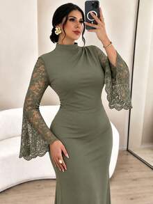 Elenzga Plus Size Olive Green Lace Patchwork Long Sleeve Stand Collar Cinched Waist Dress Wedding Party Elegant - Green - View 4