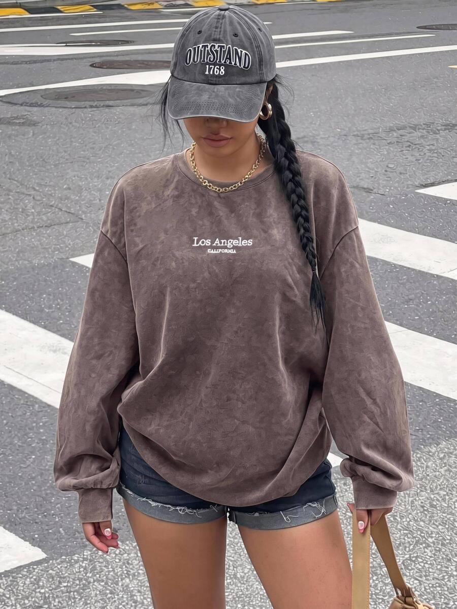 Muchica Plus Size Acid Washed Look Vintage Knitted Distressed Loose Fit Long Sleeve Brown T-Shirt Fall/Winter