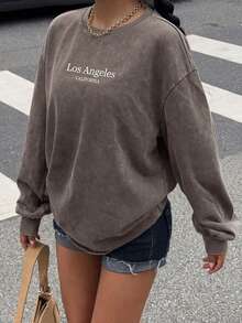Muchica Plus Size Acid Washed Look Vintage Knitted Distressed Loose Fit Long Sleeve Brown T-Shirt Fall/Winter - Coffee Brown - View 5