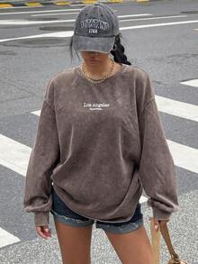 Muchica Plus Size Acid Washed Look Vintage Knitted Distressed Loose Fit Long Sleeve Brown T-Shirt Fall/Winter - Coffee Brown - View 7