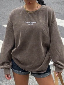 Muchica Plus Size Acid Washed Look Vintage Knitted Distressed Loose Fit Long Sleeve Brown T-Shirt Fall/Winter - Coffee Brown - View 4