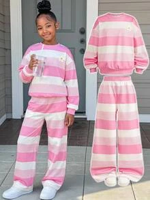 SHEIN Tween Girl Crew Neck Kids Colorblock Patchwork Long Sleeve Sweatshirt And Elastic Waist Long Pants 2 Pieces Set - Pink - View 8