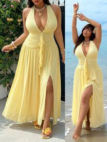 GalTyme Plus Size Women's Deep V-Neck Halter Dress, Soft Yellow Solid Ruffle Hem Slit Hem Elegant Matching Sexy Casual For Holiday, Summer, Beach, Vacation - Yellow - View 1