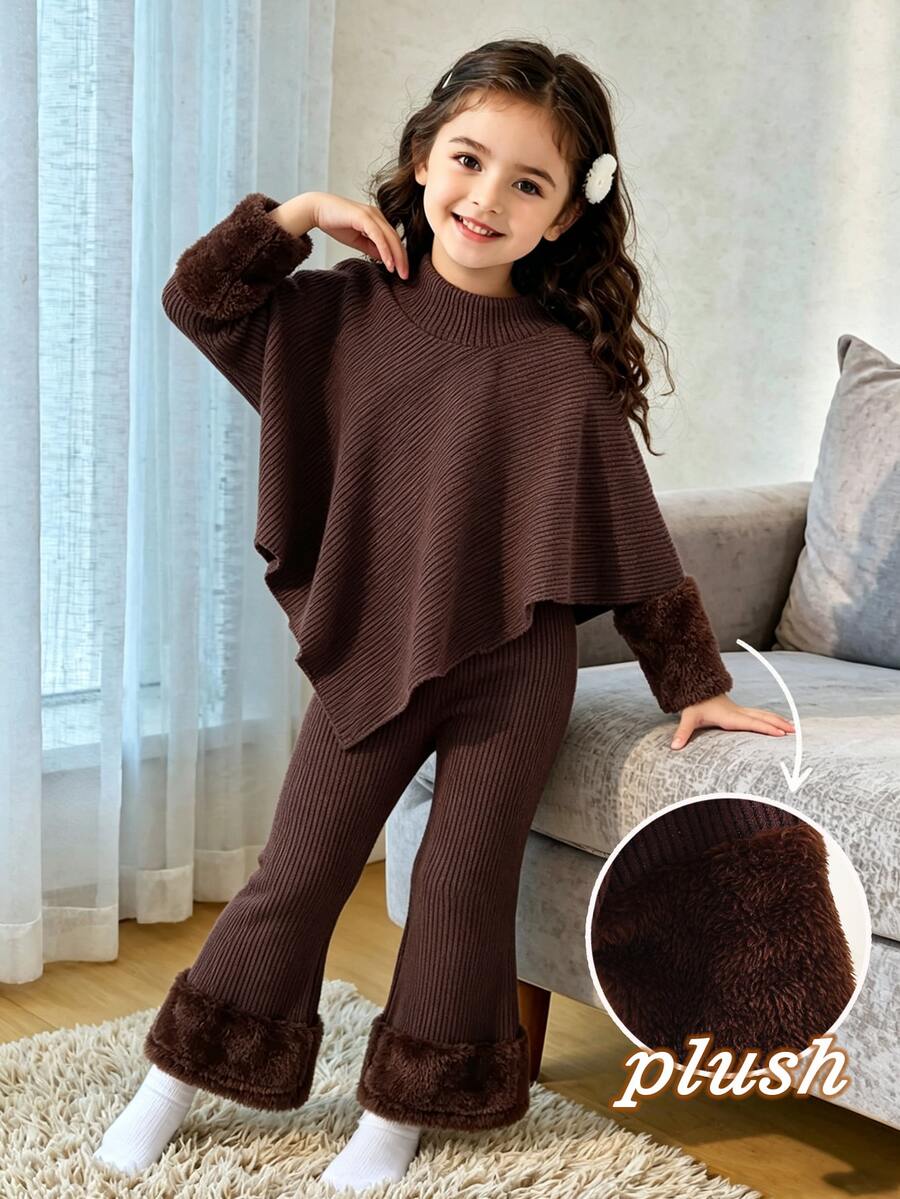 SHEIN Young Girls 2 Pieces Fall Winter Outfit, High Neck Asymmetric Hem Top With Fuzzy Plush Cuffs, Ribbed Flared Pants Back To School Clothes Girls