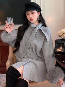 DAZY Women's Autumn/Winter Lace-Up Loose Fuzzy Sleeve Woolen Coat Jacket - Grey - View 2