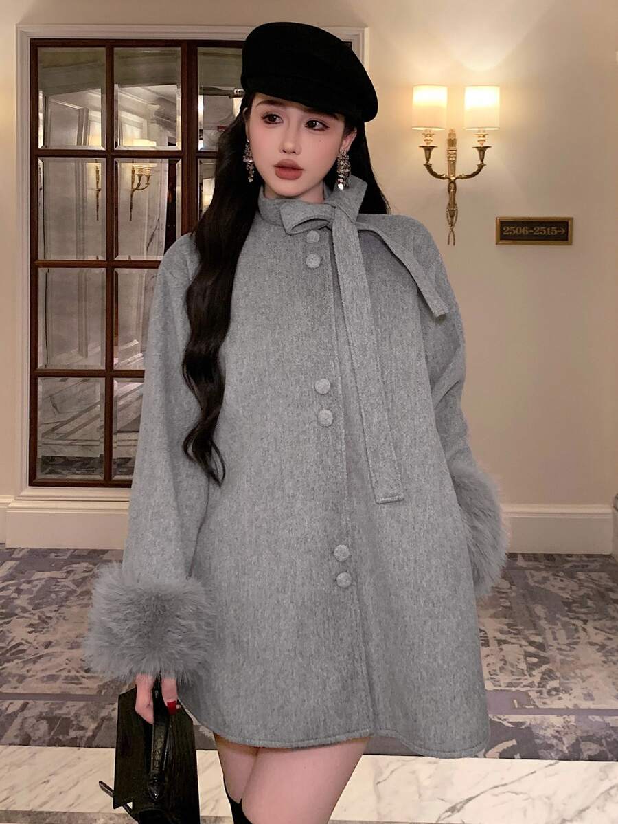 DAZY Women's Autumn/Winter Lace-Up Loose Fuzzy Sleeve Woolen Coat Jacket - Grey - View 1