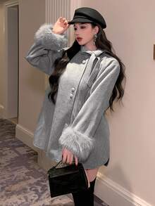 DAZY Women's Autumn/Winter Lace-Up Loose Fuzzy Sleeve Woolen Coat Jacket - Grey - View 3
